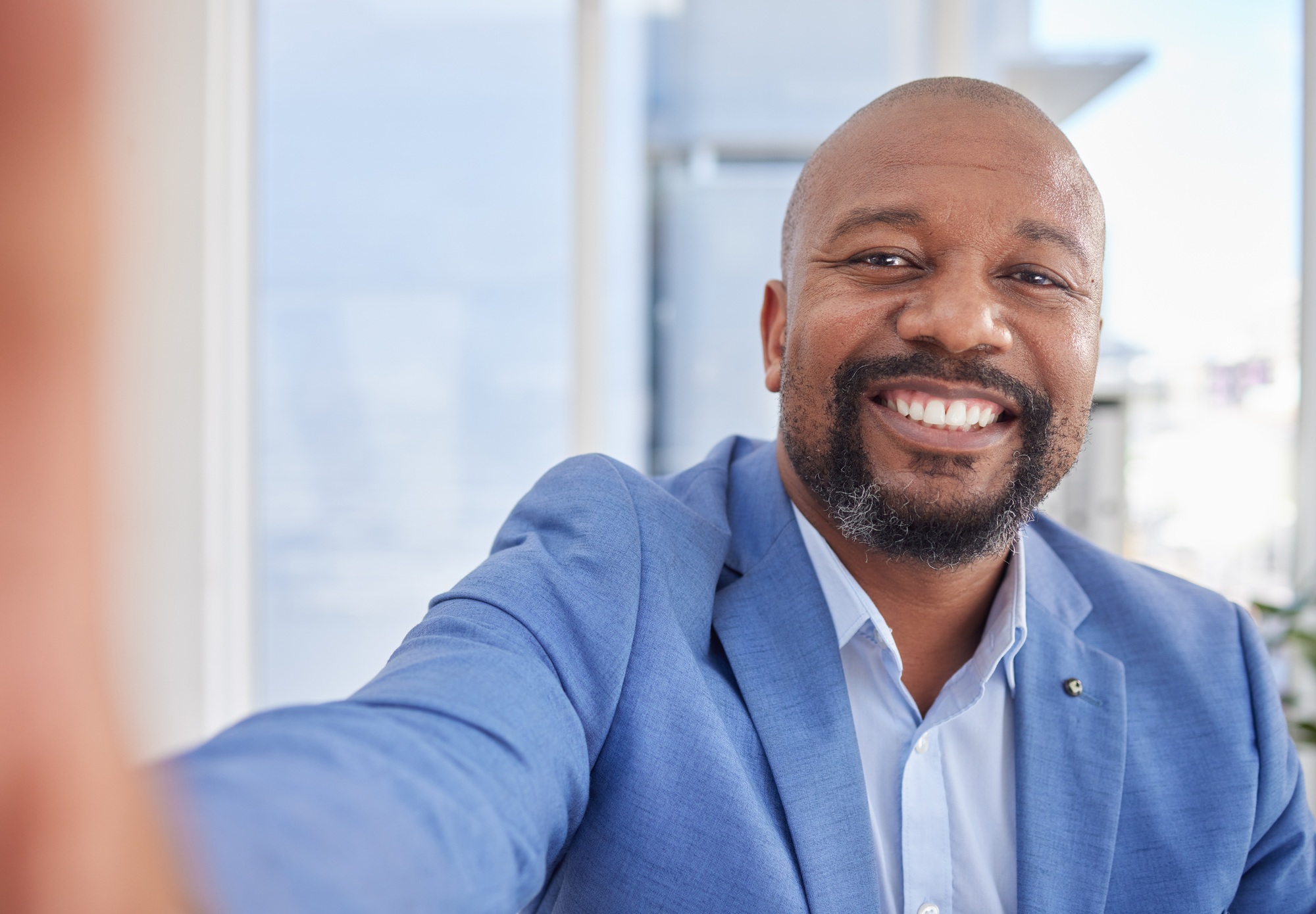 Happy black man, mature or selfie portrait for about us, company profile picture or CEO business in